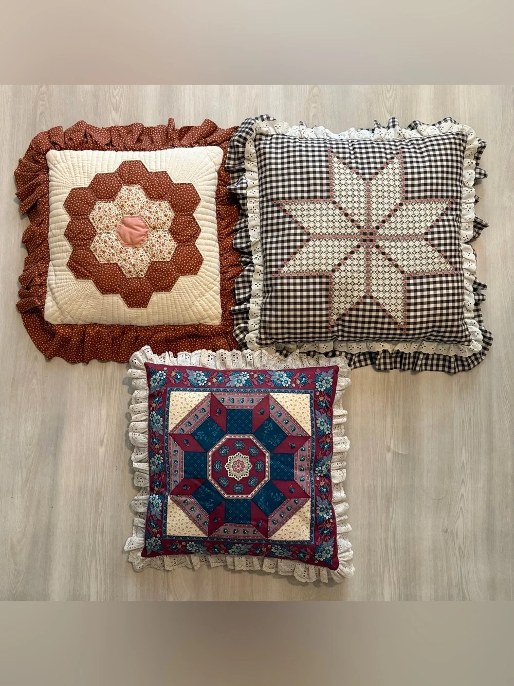 Vintage Retro Quilt Lace Throw Pillows Set 3 MCM